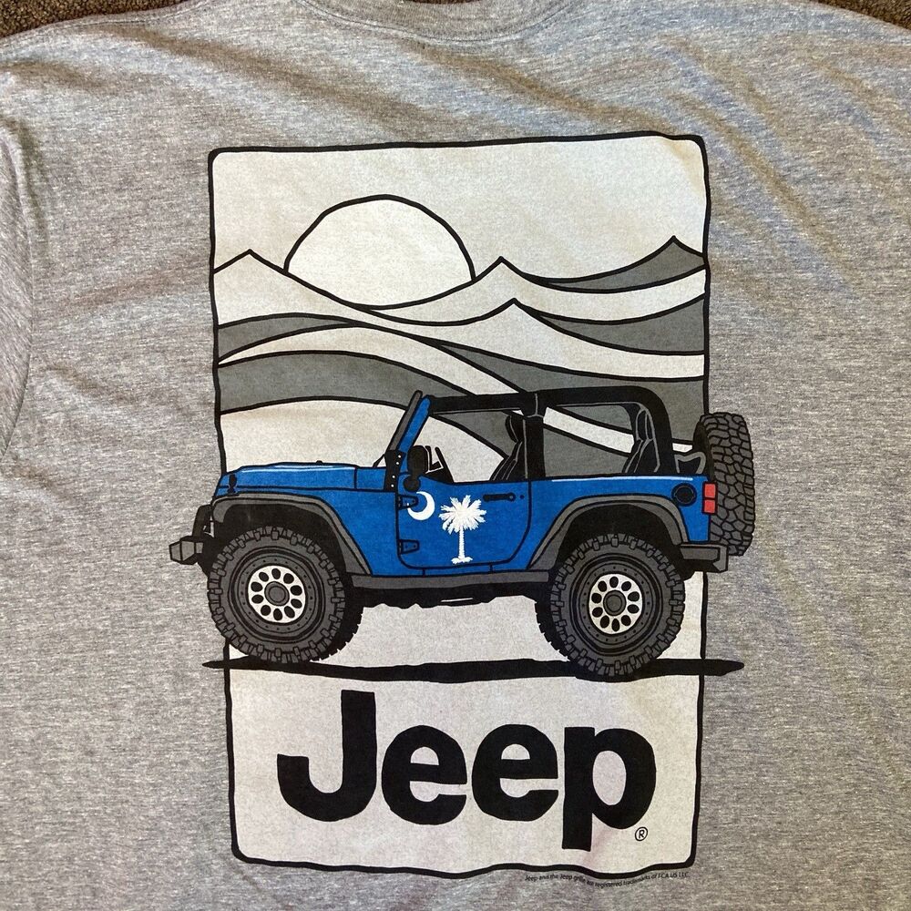 Jeep Brand Men's Gray & Blue T Shirt Size XL Double Print Jeep On Back Adventure